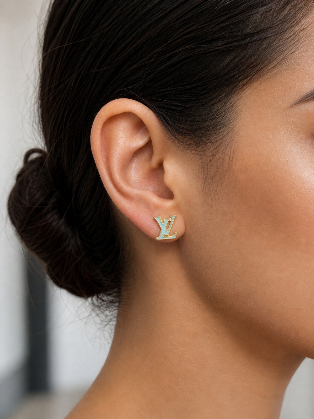 Louis Vuitton Gold and Mint Green LV Logo Stud Earrings